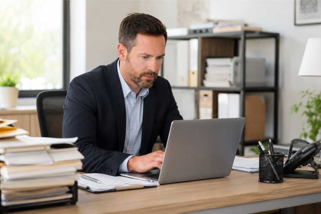 Busy Bail Bondsman Reviewing Legal Forms