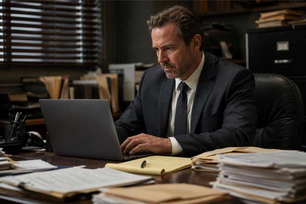 Busy Bail Bondsman Using His Laptop