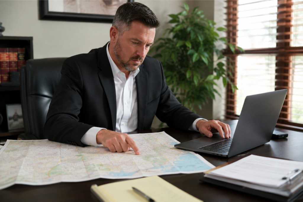 Bail bondsman reviewing maps and case details on a laptop before posting bond